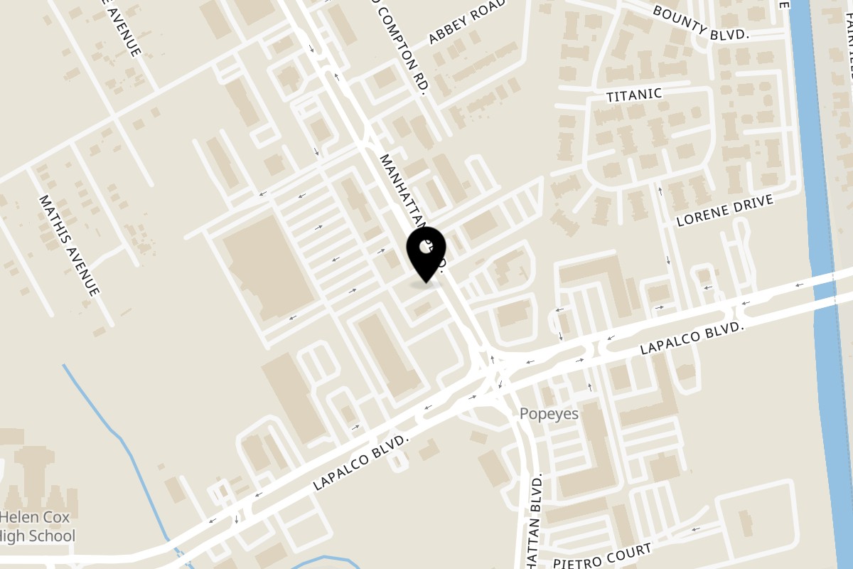 Map showing the location of Pacos Tacos Harvey on 2434 Manhattan Blvd in Harvey